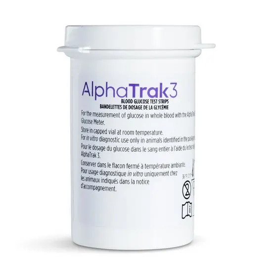 AlphaTrak3 blood glucose test strips container on a white background