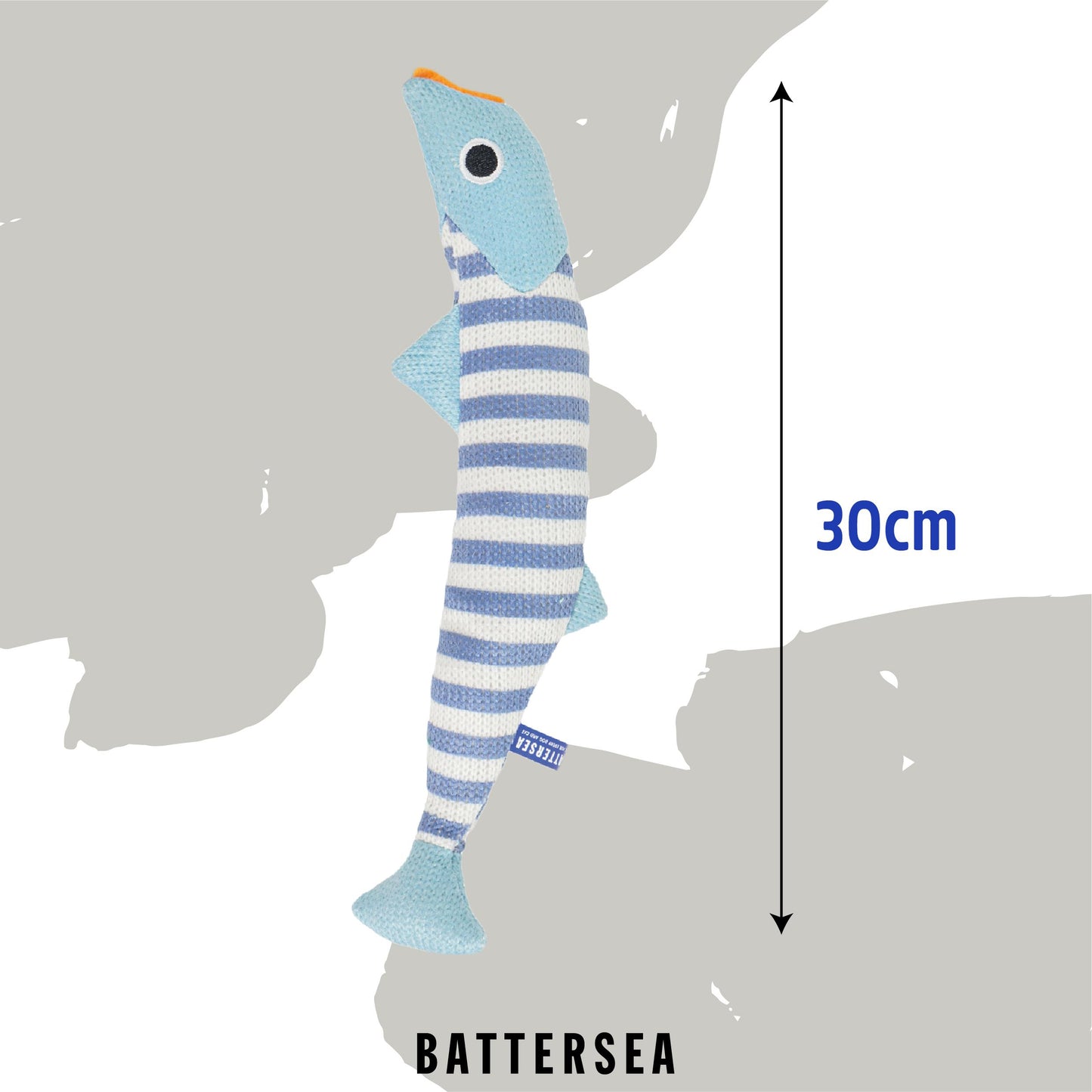 Blue and white striped toy with a measurement label on a gray background, featuring the Battersea brand.