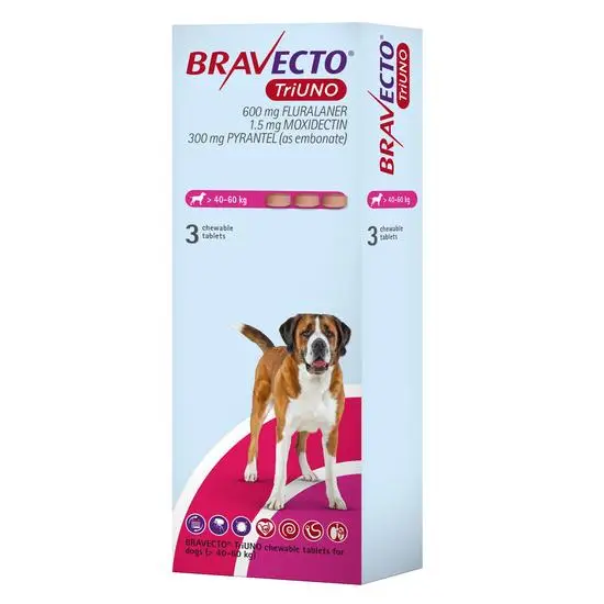 Bravecto Triuno packaging for dogs 40-60kg with a dog illustration on a white background