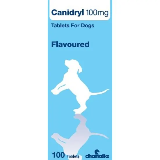 Canidryl 100mg tablets for dogs packaging with a blue background and dog illustration.