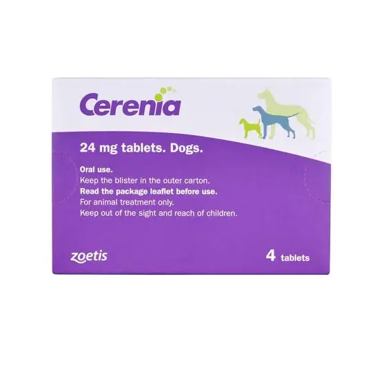 Cerenia 24mg medication packaging for dogs with purple label and dog illustrations.