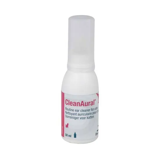 White bottle of CleanAural ear cleaner for cats on a white background