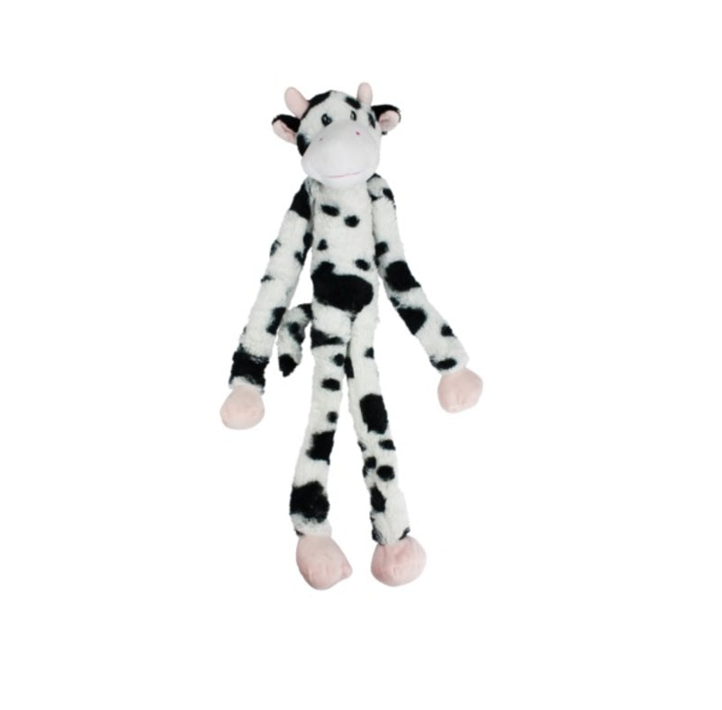 Plush cow dog toy with black spots on a white background