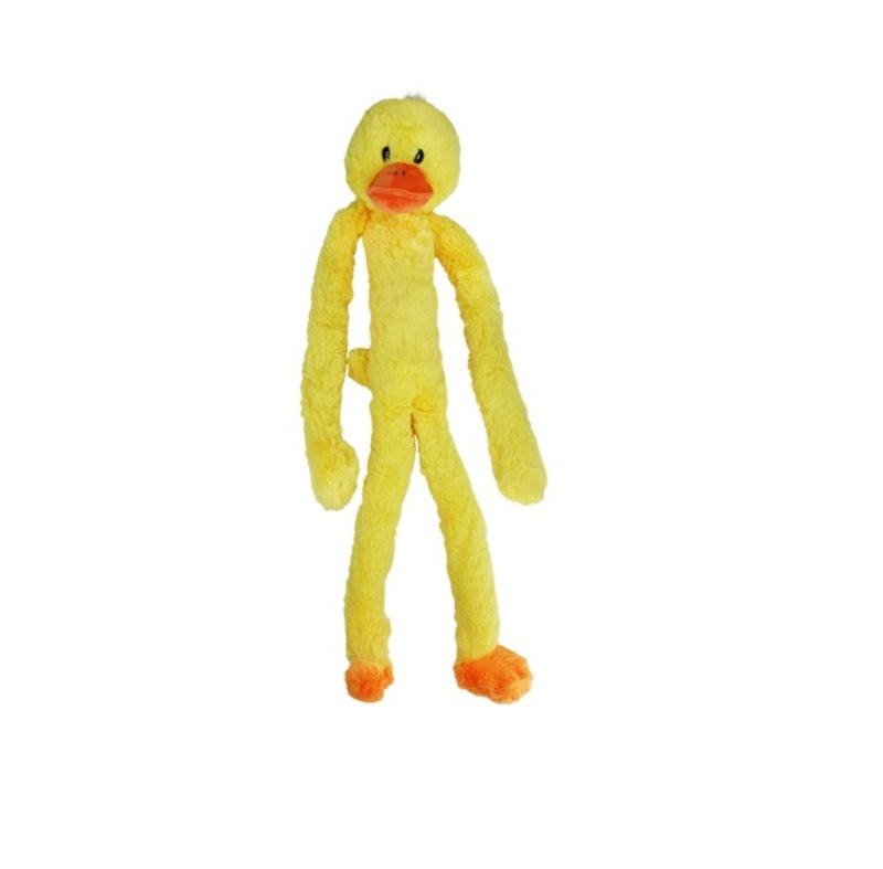 Yellow plush duck dog toy on a white background