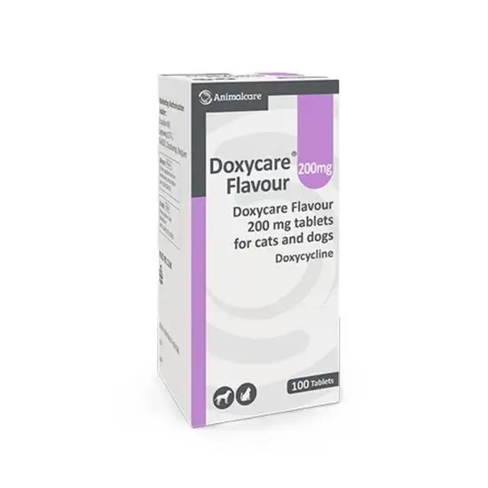 Box of Doxycare Flavour 200mg tablets for cats and dogs on a white background
