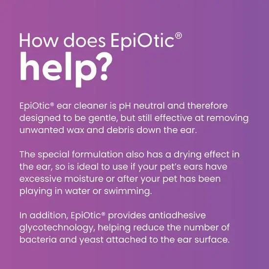 Purple background with white text explaining EpiOtic ear cleaner on a purple background