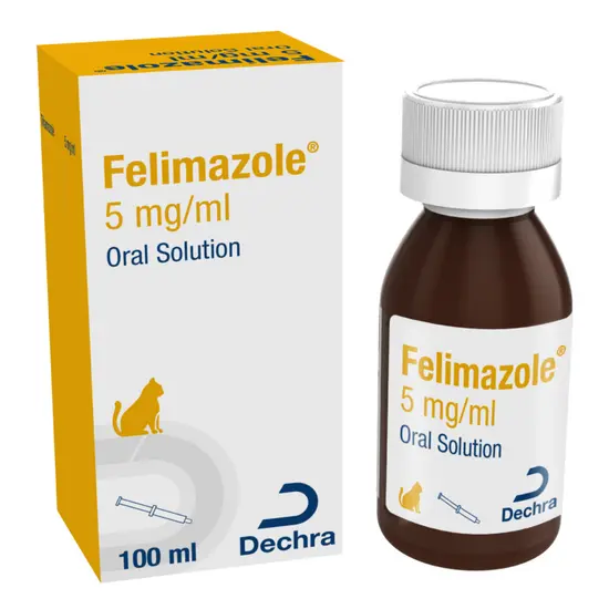 Felimazole 5 mg/ml Oral Solution packaging and bottle on a white background