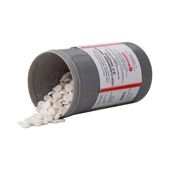 Open container of furosemide 40mg tablets with a label on a white background