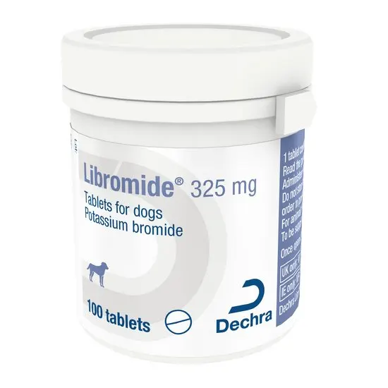 Container of Libromide tablets for dogs with Dechra branding on a white background