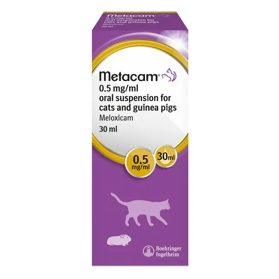 Box of Metacam oral suspension for cats and guinea pigs 0.5mg/ml 30ml on a white background