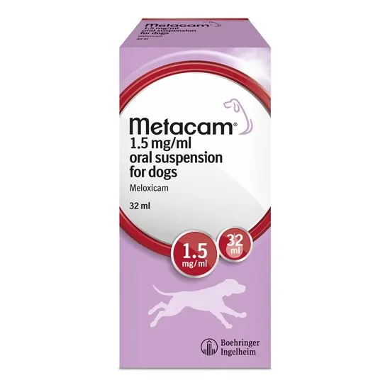 Metacam oral suspension for dogs 1.5mg/ml 32ml packaging on a white background