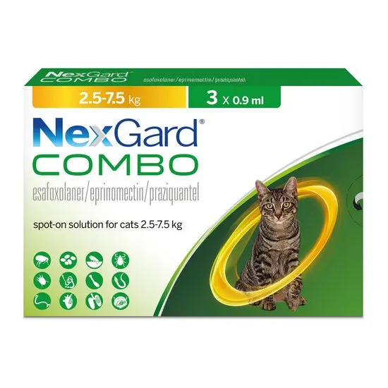 NexGard Combo packaging for cats 2.5-7.5 kg on a white background