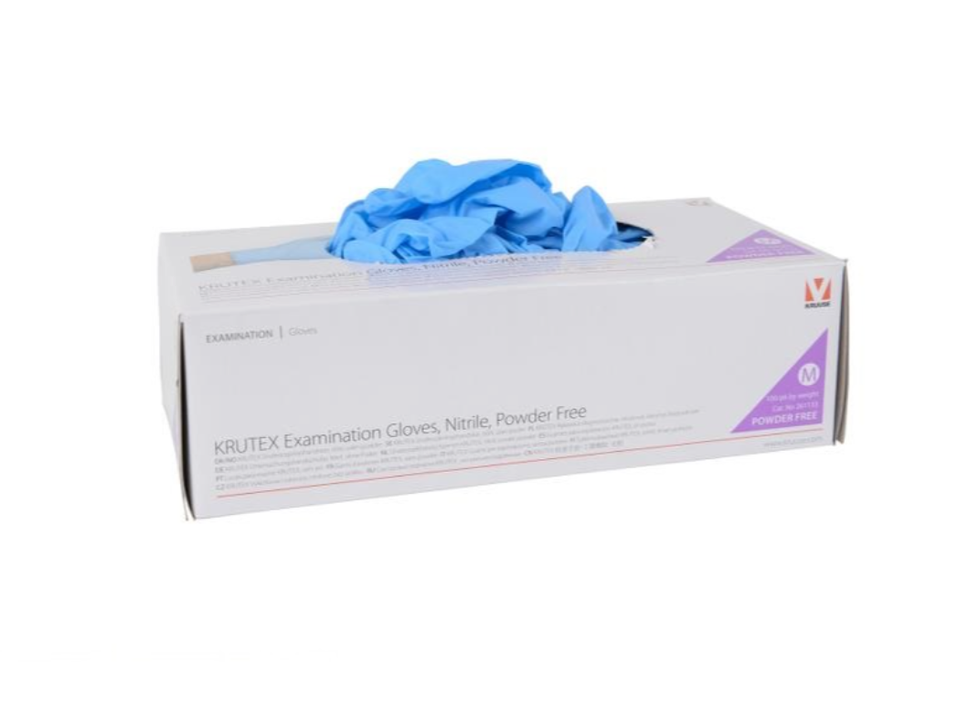 Box of blue examination gloves with a visible brand logo on a white background