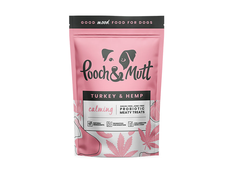 Pink package of Pooch & Mutt dog treats with black text on a white background