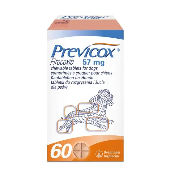 Box of Previcox 57mg Firocoxib chewable tablets for dogs with a dog illustration on a white background.