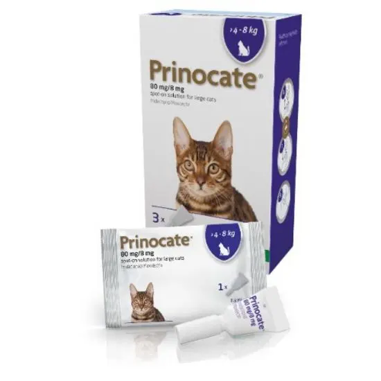 Prinocate cat 4-8kg medication packaging with a cat illustration on a white background