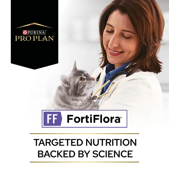 Woman in a white coat with a cat, Purina Pro Plan and FortiFlora branding on a white background