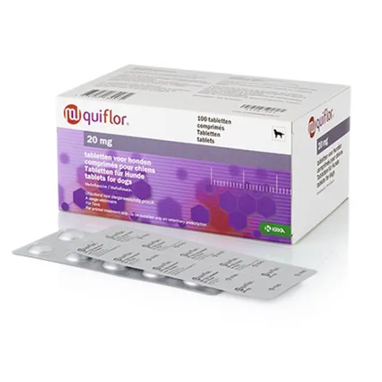 Box of Quiflor 20 mg tablets for dogs with a blister pack of tablets on a white background