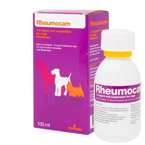 Rheumocam 1.5mg/ml 100ml bottle and packaging on a white background