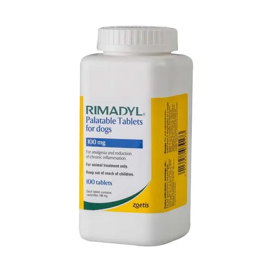 Rimadyl 100mg palatable tablets for dogs container on a white background
