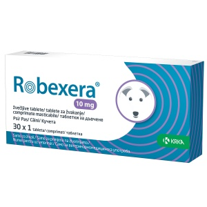 Box of 10mg Robexera tablets for dogs with Kryka logo on a white background