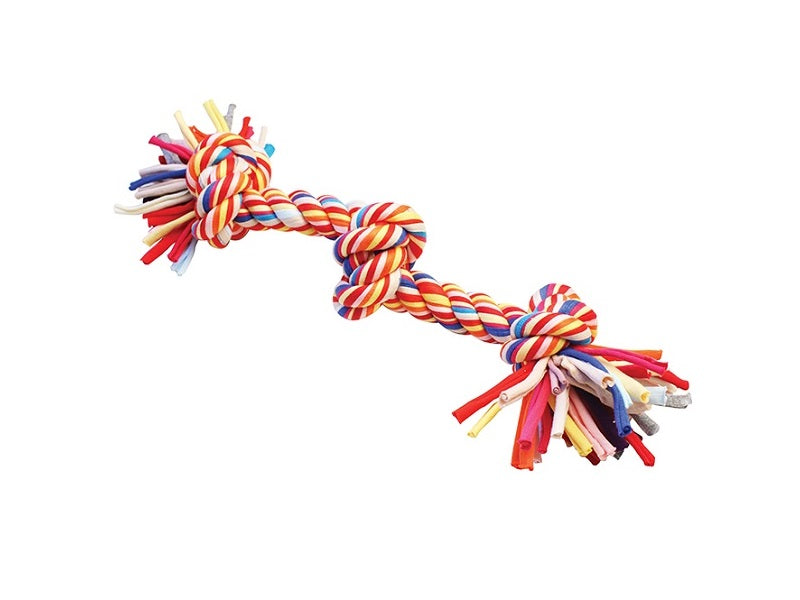 Colorful dog toy with rope on a white background