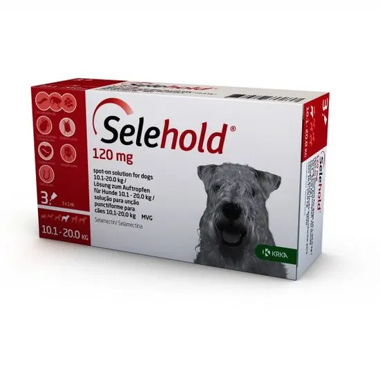 Box of Selehold 120 mg for dogs with a dog's face on the packaging.