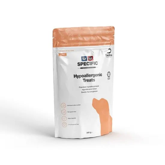 Package of Specific Hypoallergenic Treats for cats on a white background