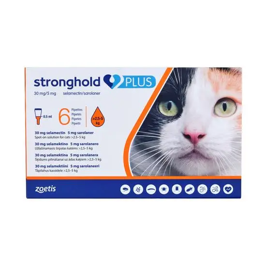 Stronghold Plus packaging for cats 2.5-5kg with a cat's face on a white background