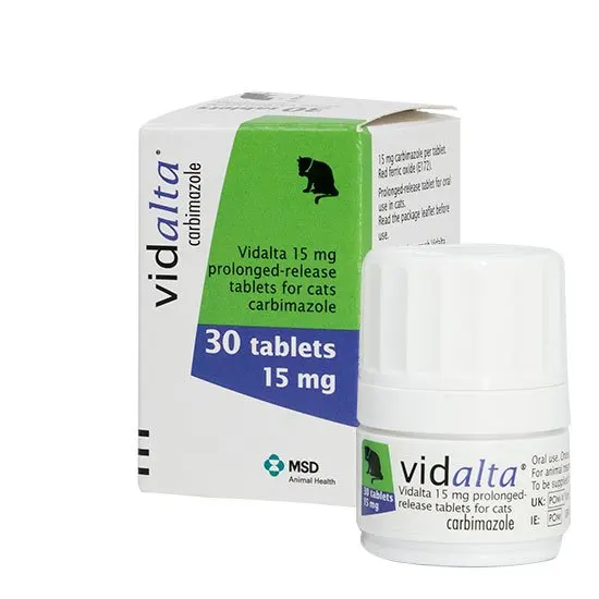 Vidalta 15mg carbimazole packaging for cats on a white background