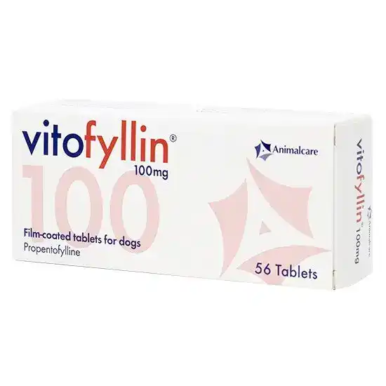 Box of vitofyllin 100mg film-coated tablets for dogs with Animalcare branding.