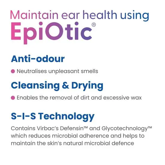 Advertisement for EpiOtic ear health product with features listed on a white background.