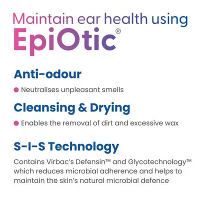 Advertisement for EpiOtic ear health product with features listed on a white background.