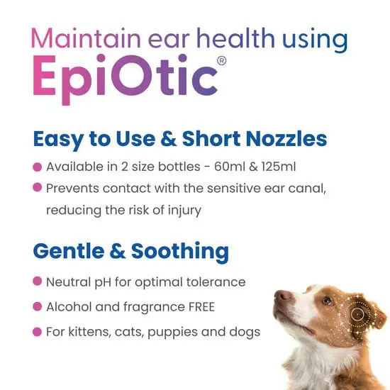 Advertisement for EpiOtic ear health product with a dog's head and product on a white background.
