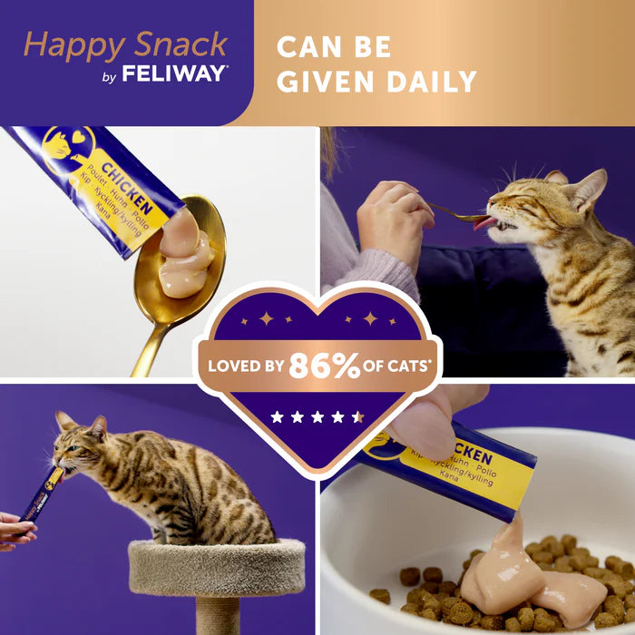 Feliway happy snack product with text on a purple background