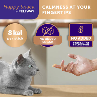 Cat and hand reaching for a treat with feliway happy snack features highlighted