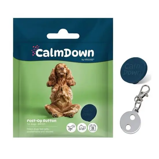 CalmDown by Kruuse product packaging with a dog illustration and a collar tag.