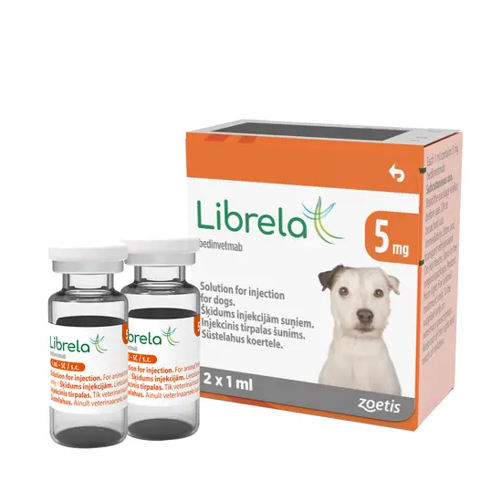 Librela 5mg veterinary product packaging with two vials on a white background