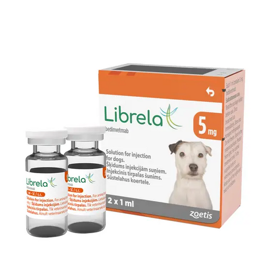 Librela 5mg veterinary product packaging with two vials on a white background