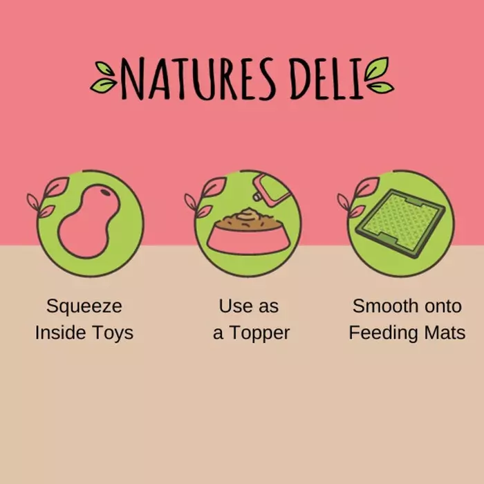 Natures Deli product usage instructions on a pink and beige background