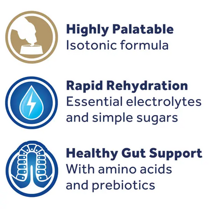 Oralade features including highly palatable isotonic formula, rapid rehydration, and healthy gut support on a white background.