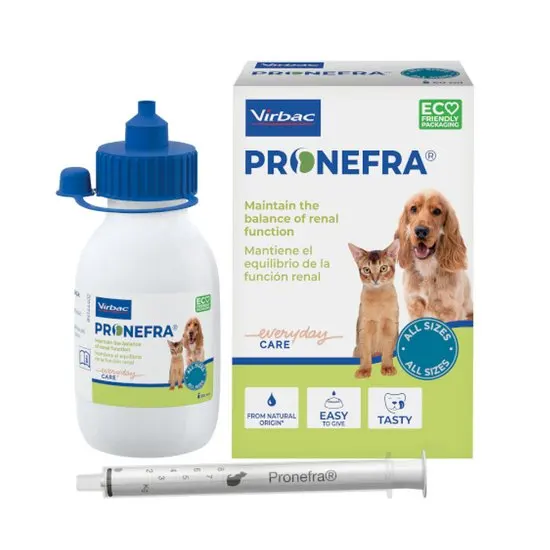Pronefra veterinary product packaging for dogs and cats with a bottle, box, and syringe on a white background.