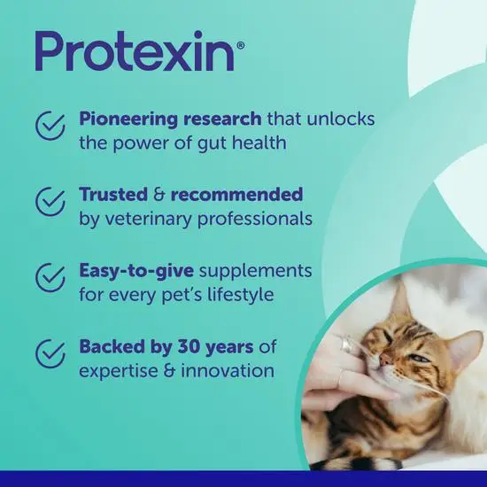Protexin product packaging with text about gut health and expertise, featuring a cat.