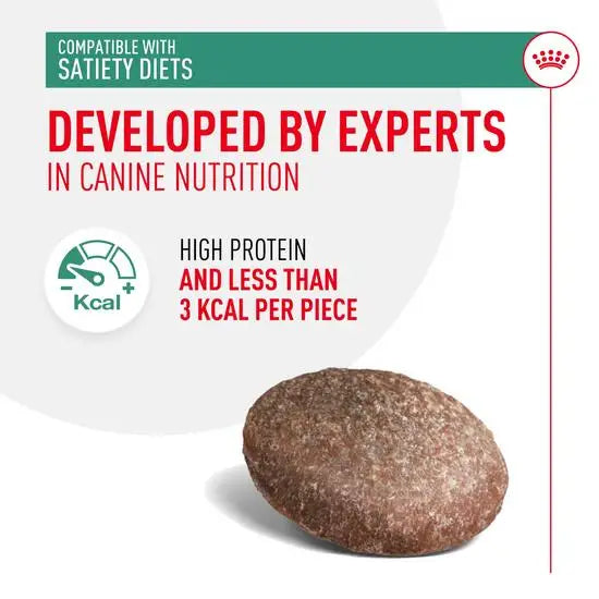 royal canin satiety treat with text about being developed by experts in canine nutrition.
