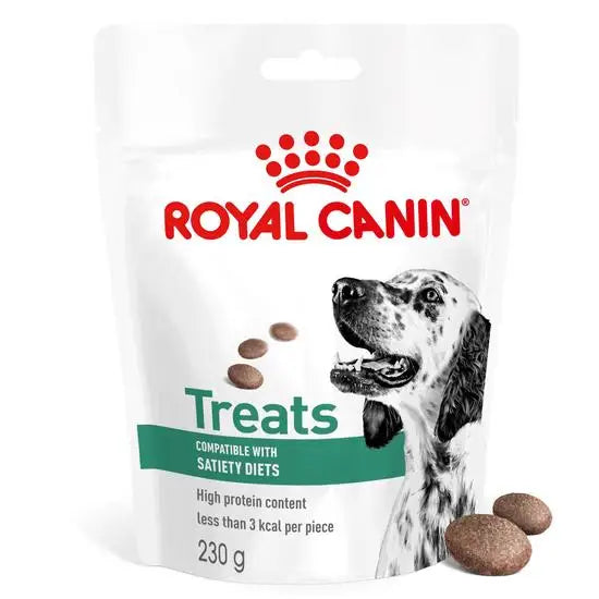 Royal Canin treats packaging with a dog illustration and text on a white background