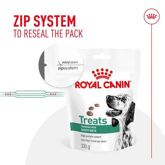 Royal Canin treats packaging with a zip system feature on a white background