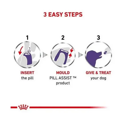 Step-by-step guide for using a pill assist treat with a Royal Canin logo at the bottom.