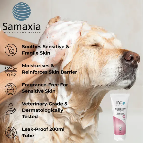 Dog being bathed with Samaxia sensiderm product, showing benefits and product details.