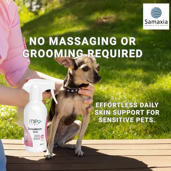 Person holding a dog and a bottle of
 sensiderm spray with text about effortless daily skin support for sensitive pets.