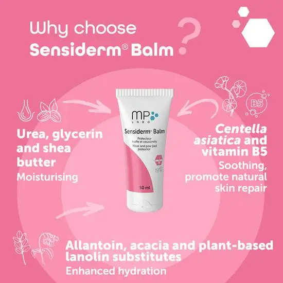 Sensiderm Balm packaging on a pink background with product features listed.
